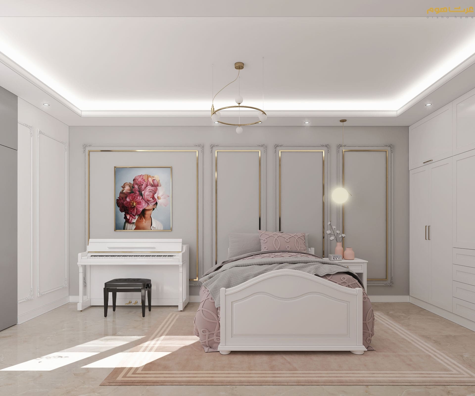 طراحی داخلی اتاق خواب دخترانه نیروهوایی به سبک نئوکلاسیک