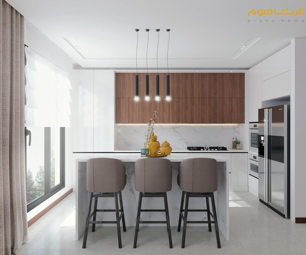 طراحی داخلی مدرن جزیره آشپزخانه طبقه تک واحدی سوهانک