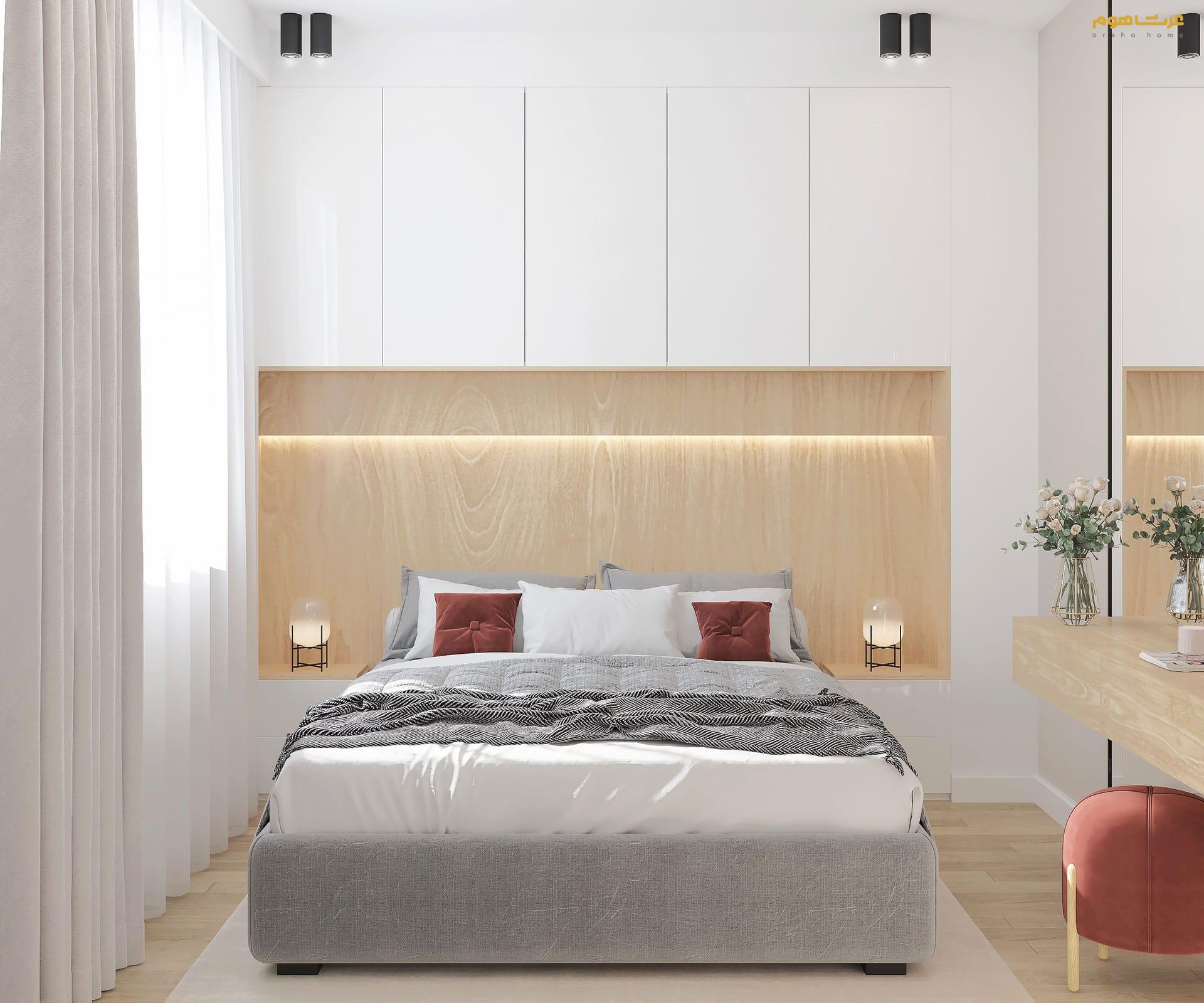 طراحی داخلی مدرن جنت آباد قادرمزی تخت چوبی اتاق خواب