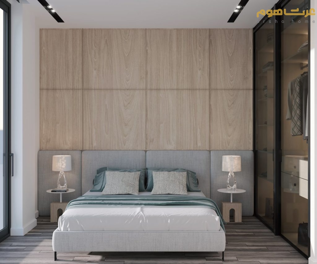 طراحی داخلی مدرن اتاق خواب ویلا فشم با کمد شیشه ای