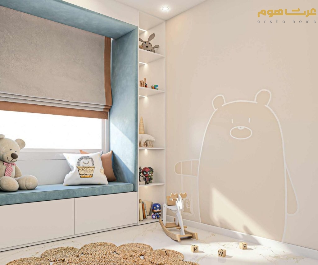 طراحی داخلی نیمکت و شلف اتاق کودک به سبک مدرن دربند