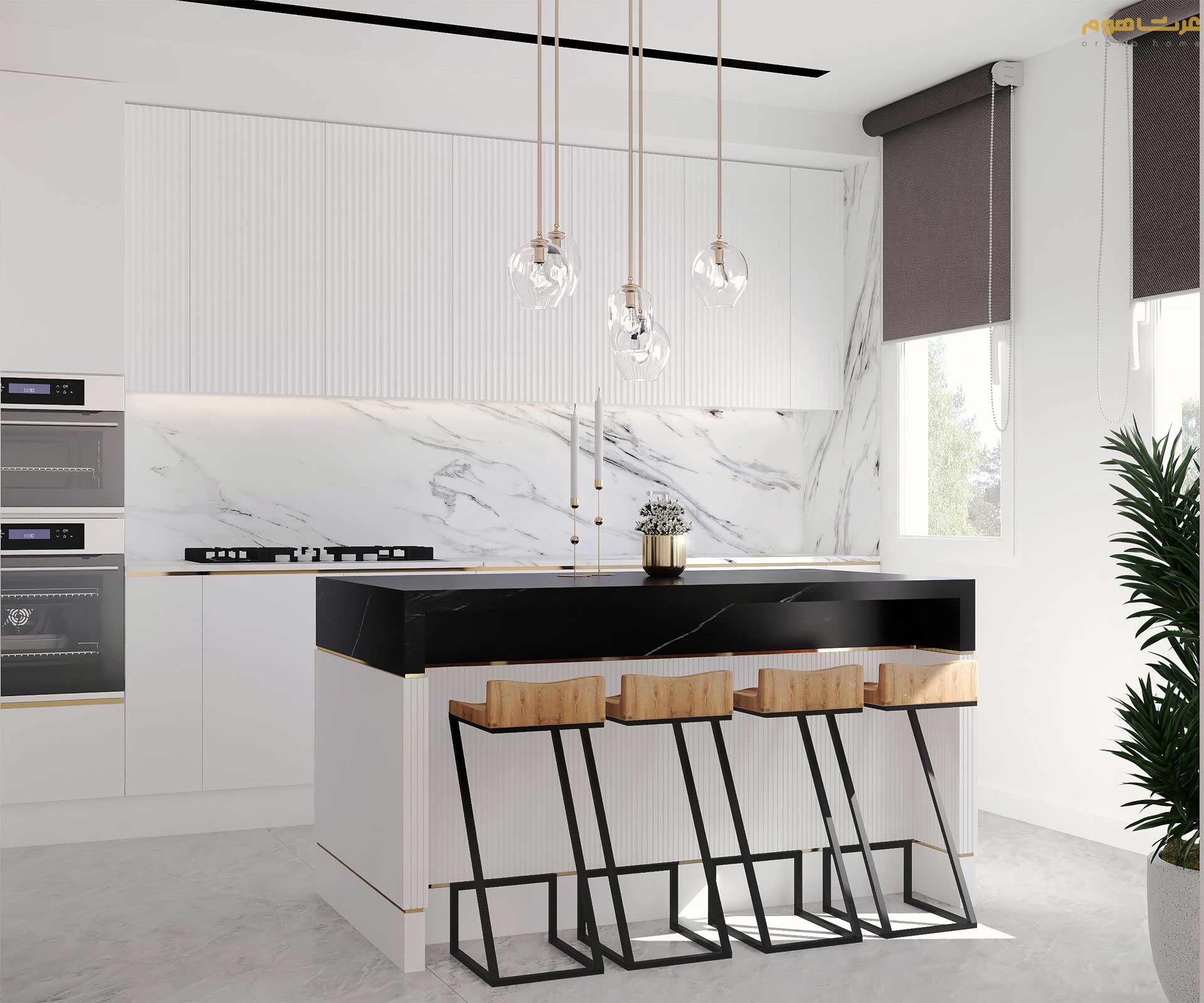 طراحی داخلی آشپزخانه سفید مدرن اراک تک واحدی نیکفرد