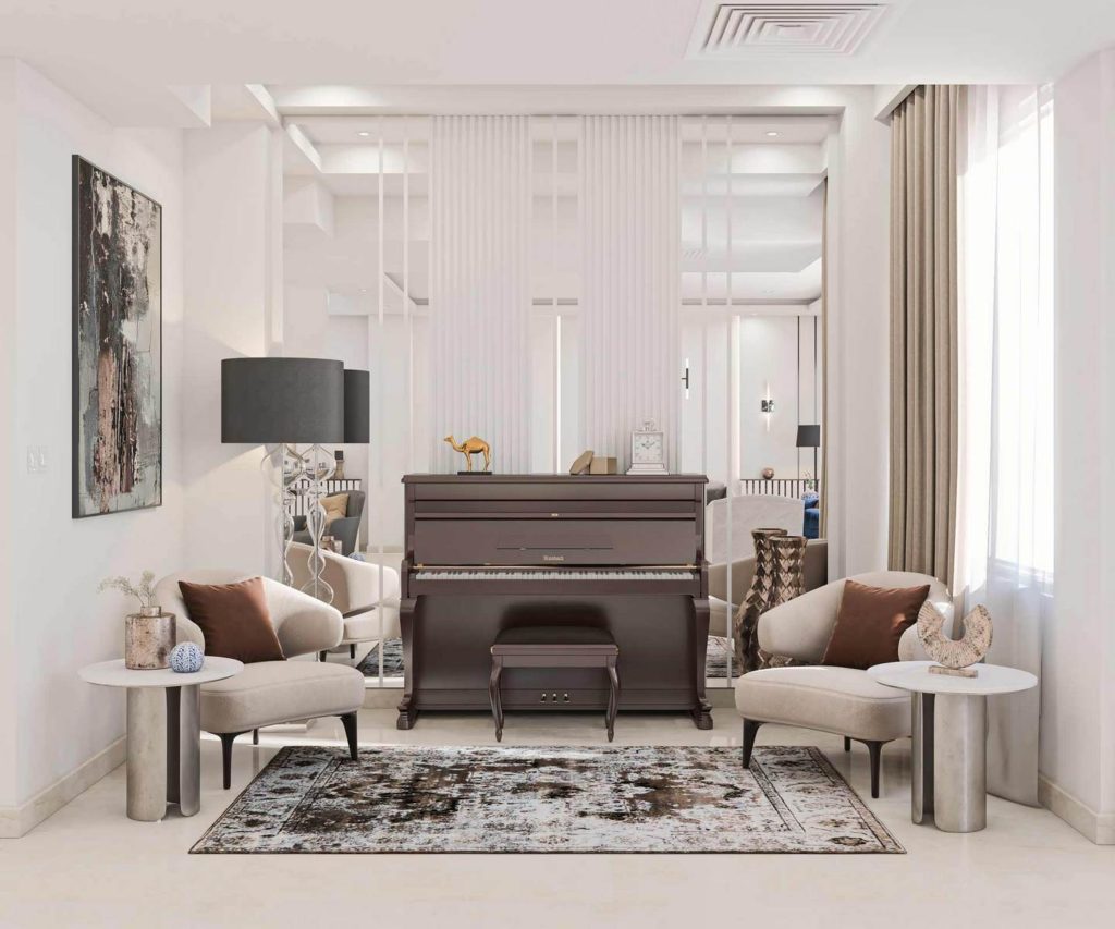 دکوراسیون داخلی نشیمن و فضای پیانو چیتگر