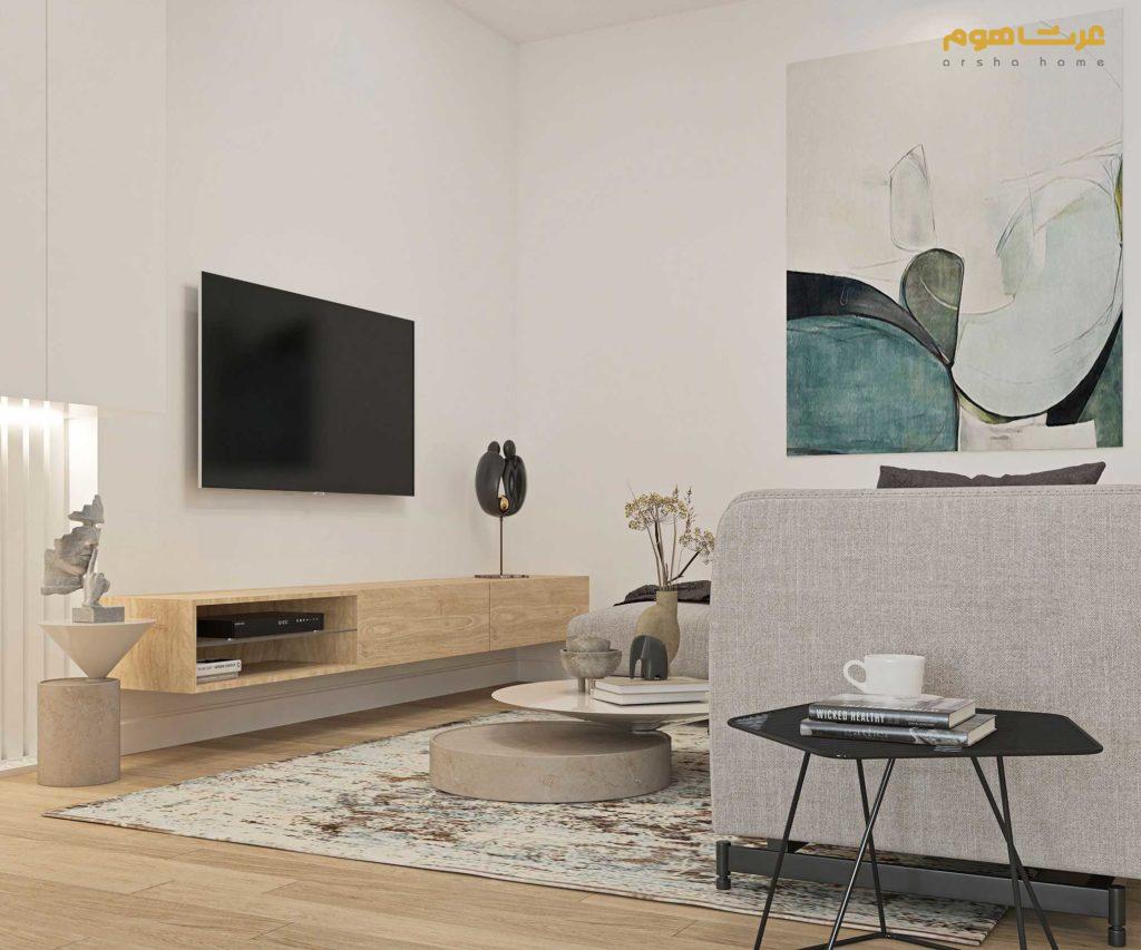 طراحی داخلی مدرن جنت آباد قادرمزی میز تلویزیون نشیمن