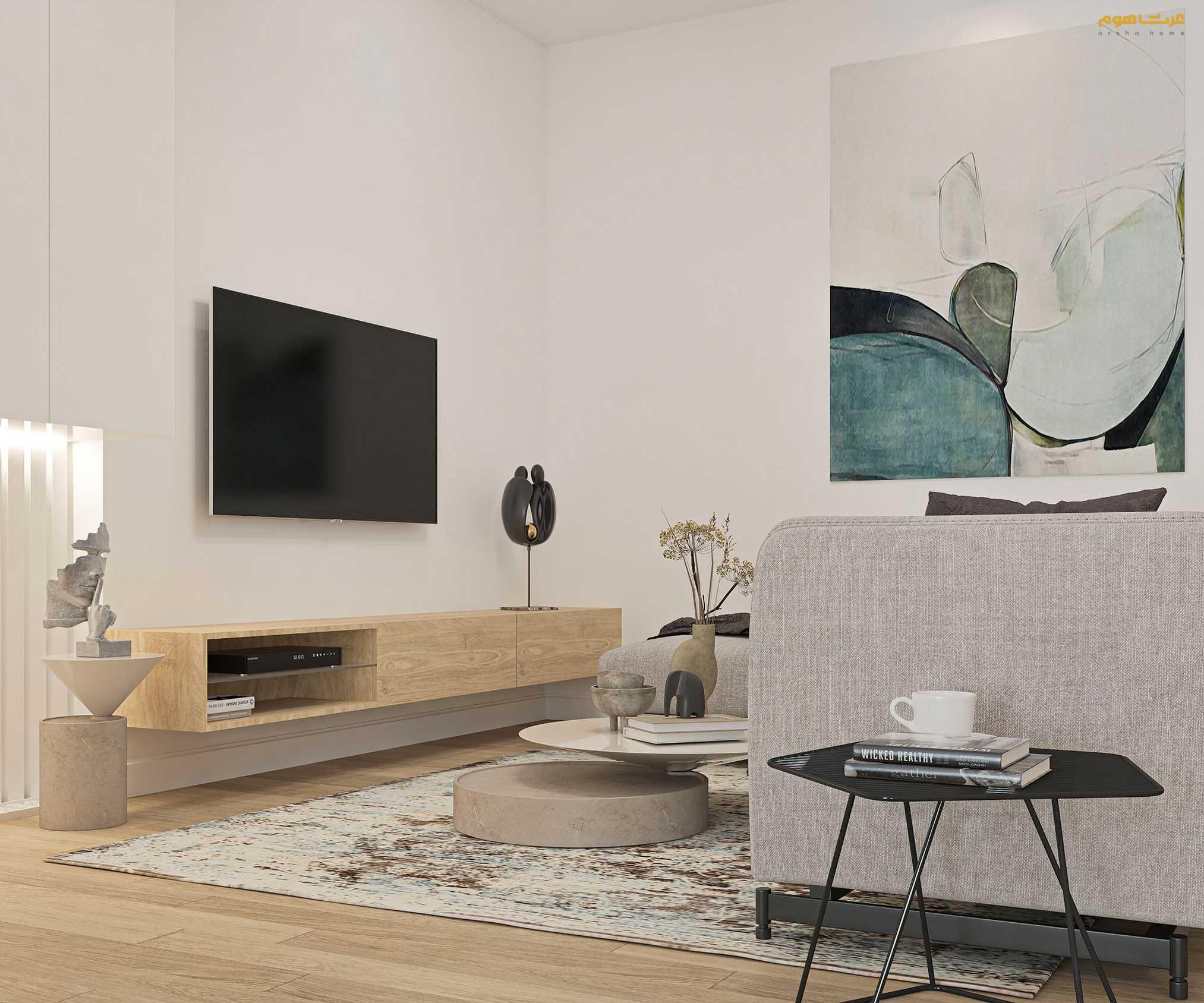 طراحی داخلی مدرن جنت آباد قادرمزی میز تلویزیون نشیمن